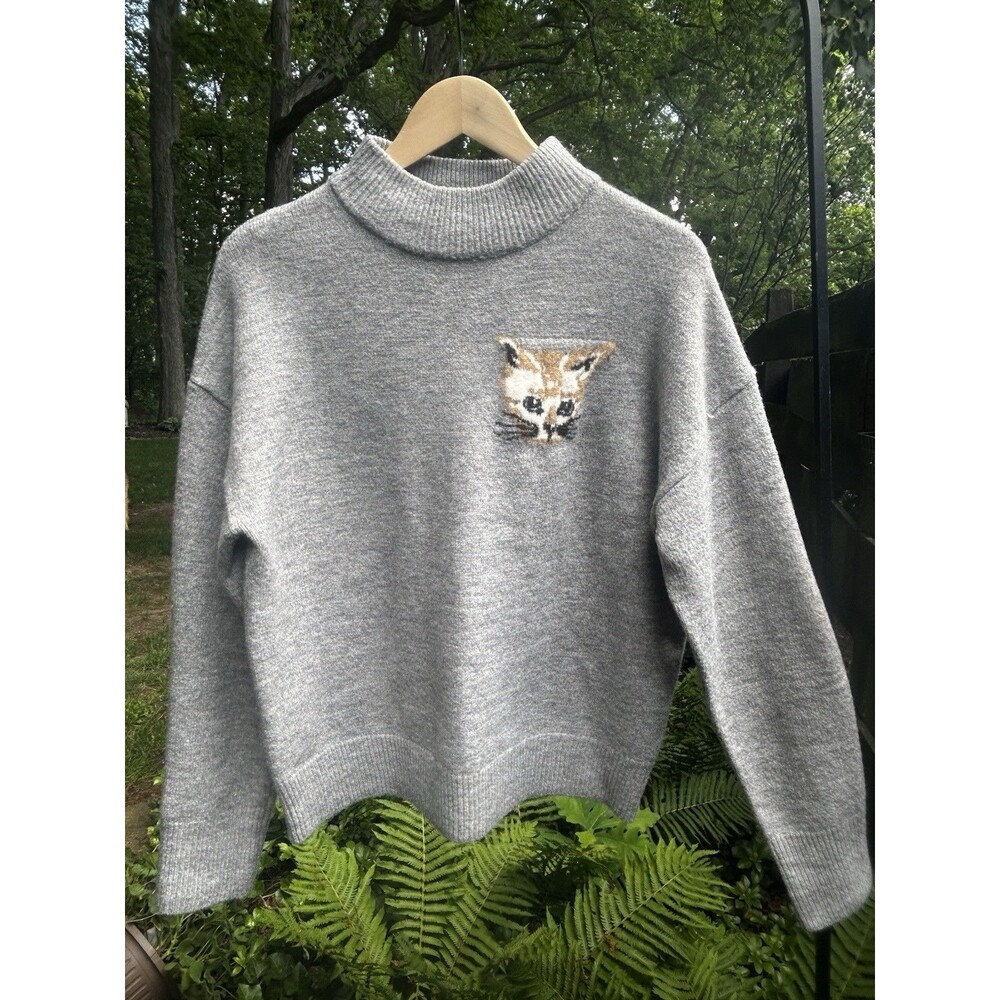 THML Cat Sweater Size Large Mock Neck Mock Neck Kitten Grey Knit - Picture 2 of 8